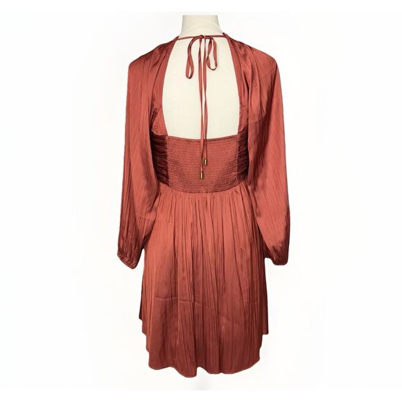 Anthropologie Small Brown Babydoll Mini Dress Blouson Silky Peasant Puff Sleeve - Picture 3 of 8